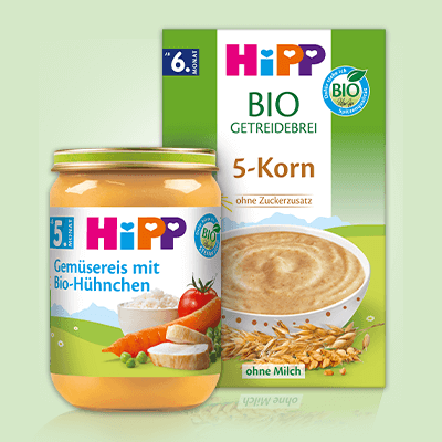 HiPP Bio-Gläschen: 5-Korn Getreidebrei und Gemüse-Reis mit Hühnchen – Babynahrung ab 6 Monaten.