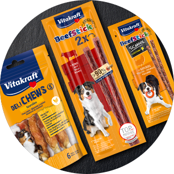 Vitakraft Hundesnacks: Bull Chews & Beef Stick 2x – leckere Kausnacks für Hunde auf dunklem Hintergrund.