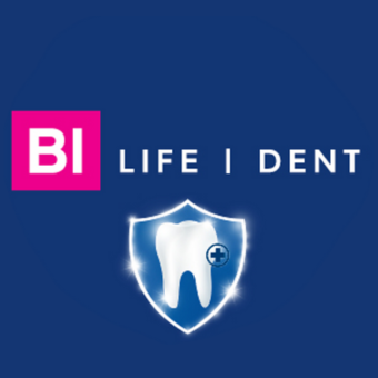 BI Life Dent Logo mit Zahn im blauen Schild auf dunkelblauem Hintergrund – Symbol für Zahngesundheit & Schutz.