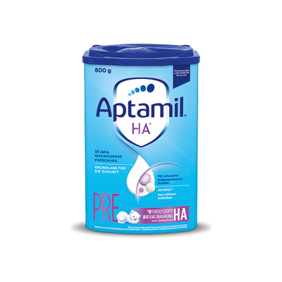 Aptamil HA Pre Säuglingsnahrung 600g – hypoallergene Anfangsmilch mit blauem Deckel für Neugeborene. - Link zu Markenseite/Spezialnahrung