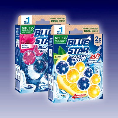 Blue Star WC-Beckensteine in zwei Verpackungen – farbige WC-Steine für Reinigung & Duft im Badezimmer. - Link zur Markenseite/WC Beckensteine