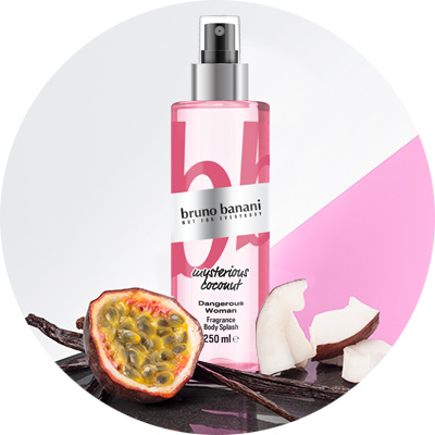 Bruno Banani Mysterious Coconut Body Splash 250 ml mit Passionsfrucht, Vanille und Kokos auf rosa Hintergrund