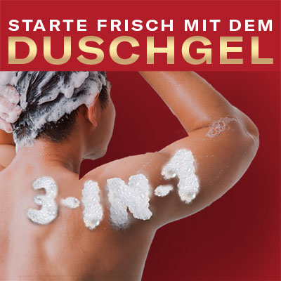 Person wäscht Haare mit Old Spice Duschgel, ‚3-IN-1‘ im Schaum, Text: ‚Starte frisch mit dem Duschgel‘.“