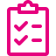 Pinkes Icon mit Klemmbrett, Häkchen und Strichen – Symbol für Checkliste, Aufgaben oder To-do-Liste im Online-Kontext.