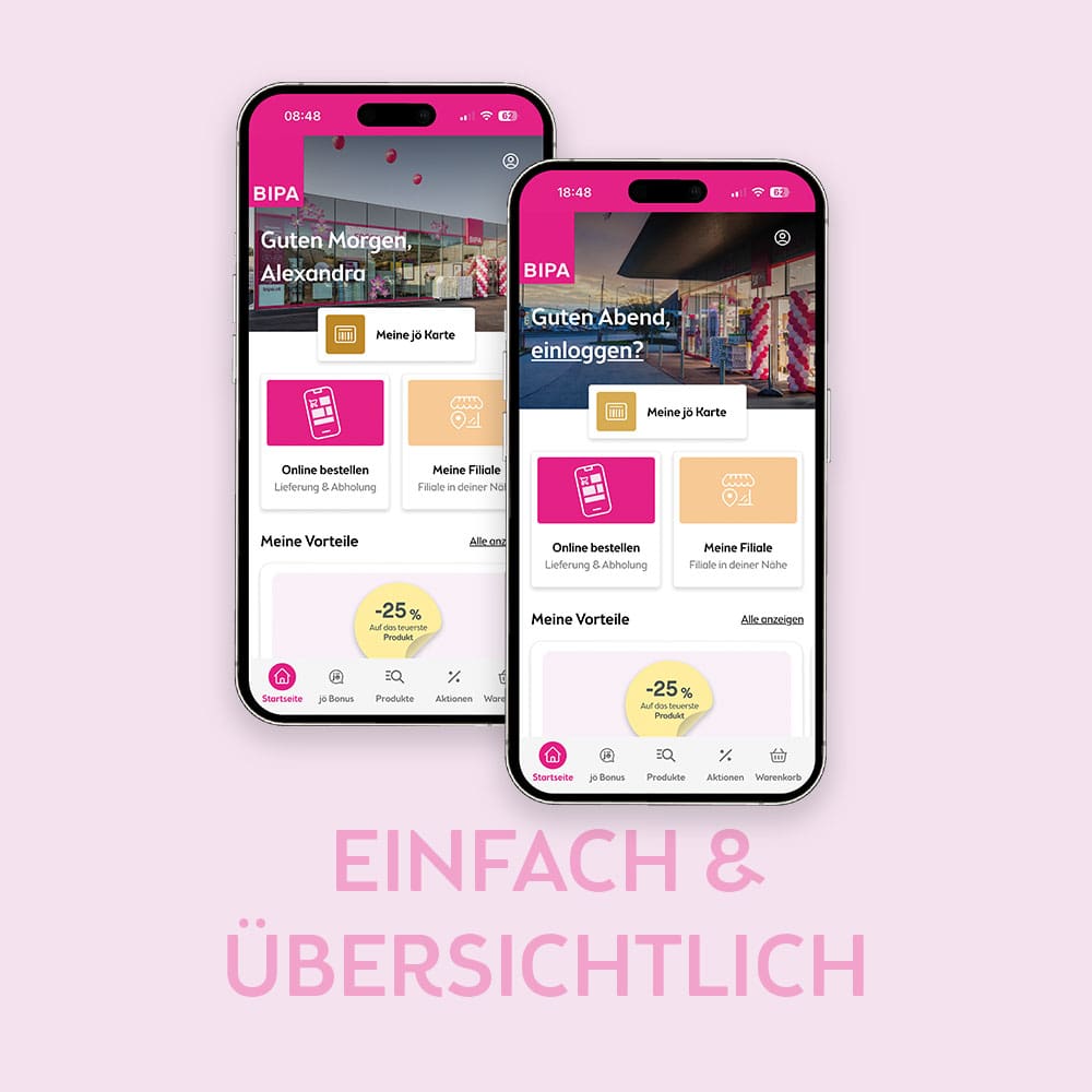 App Startseite mit allen wichtigen Informationen im Überblick Headline 'Einfach & Übersichtlich' auf Smartphone-Bildschirm zeigt die neue App Startseite