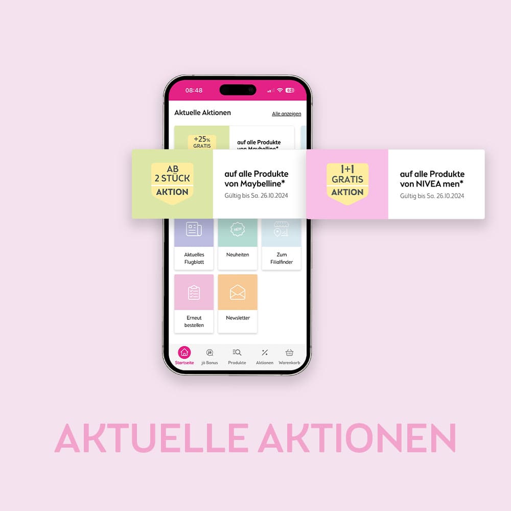Aktuelle Aktionen Headline 'Aktuelle Aktionen' auf Smartphone-Bildschirm zeigt Rabattaktionen für Maybelline und Nivea