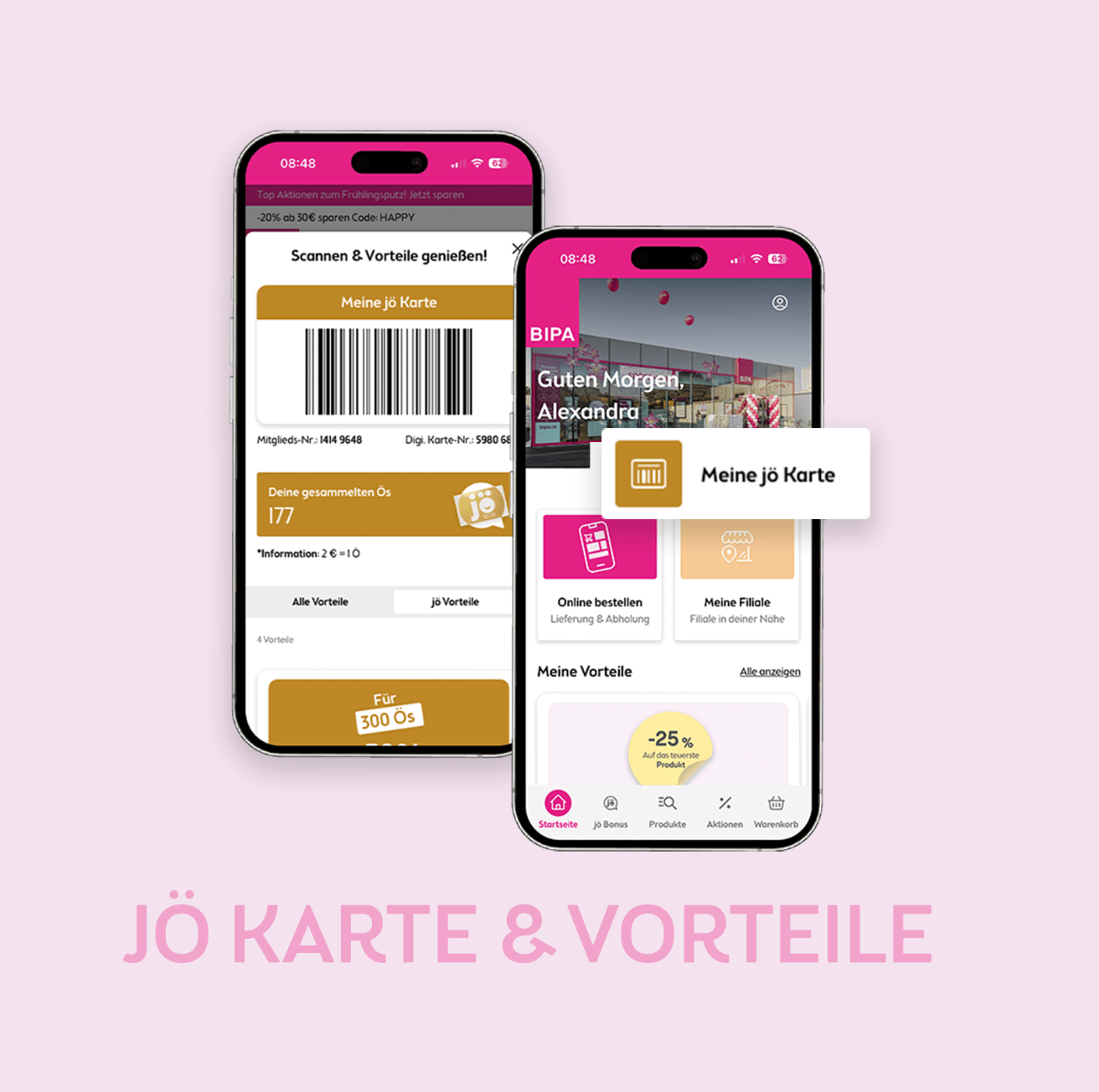 jö Karte & Vorteile Zwei Smartphones zeigen die JÖ Karte App mit Vorteilen und Barcode zum Scannen. Text: 'JÖ KARTE & VORTEILE'