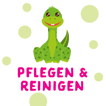 Grüner Dino mit rosa Schriftzug ‚PFLEGEN & REINIGEN‘ vor grün gepunktetem Hintergrund – BI KIDS Design.
