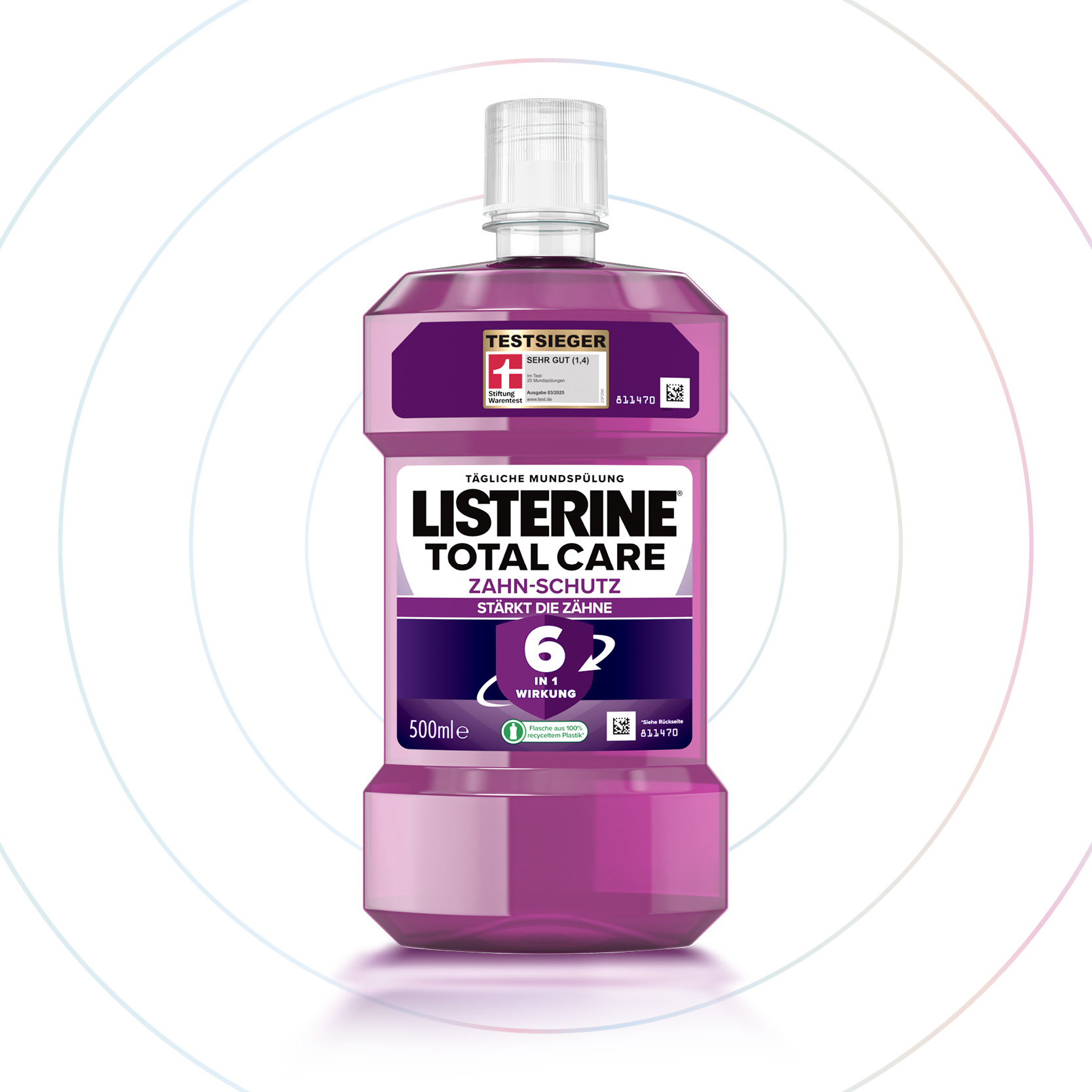 Listerine Total Care Mundspülung vor weißem Hintergrund – 6-in-1 Schutz für umfassende Zahnpflege. - Link zur Markenseite/Total Care