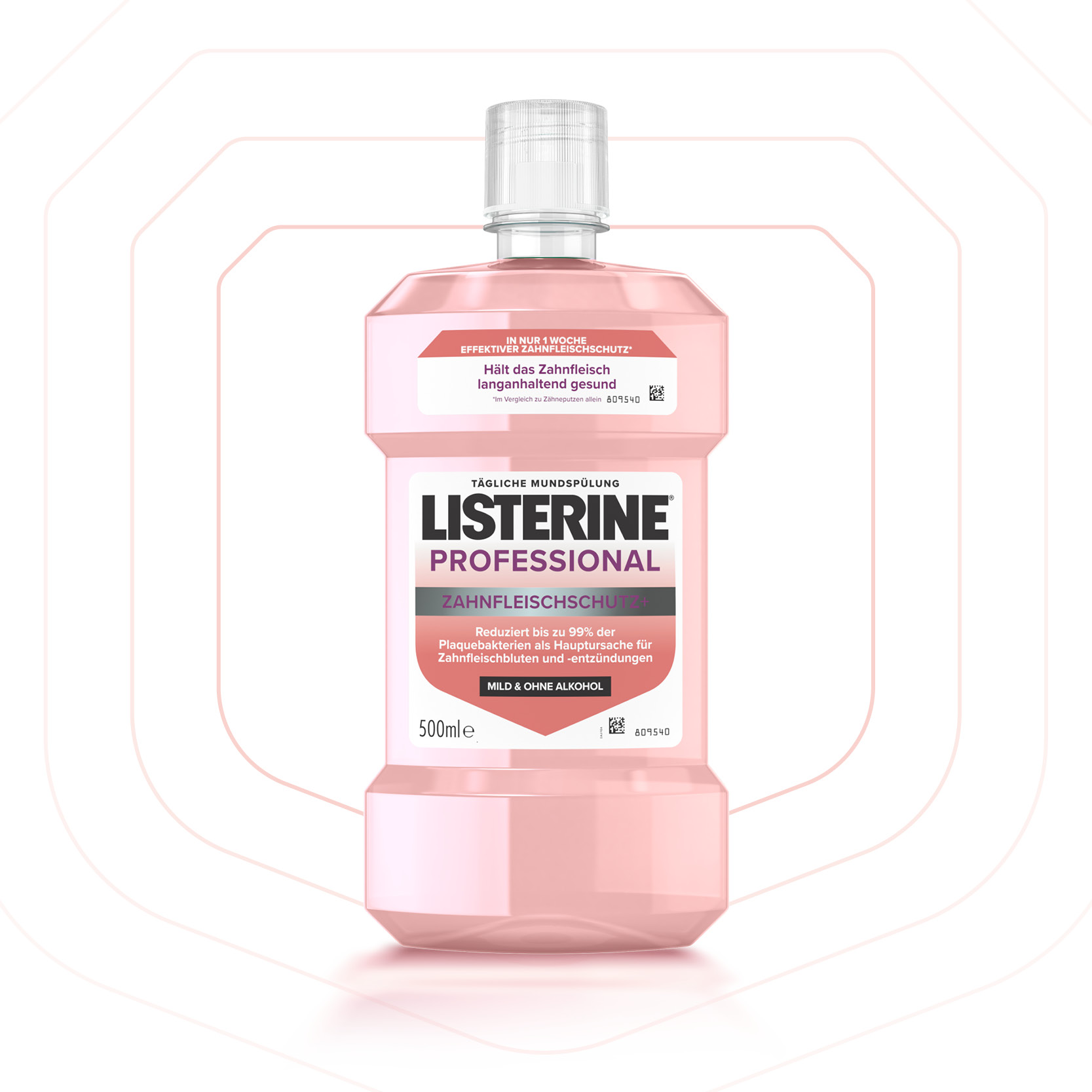 Listerine Zahnfleischschutz+ Mundspülung vor weißem Hintergrund – Whitening-Effekt für weiße Zähne & Zahnpflege. - Link zur Markenseite/Whitening