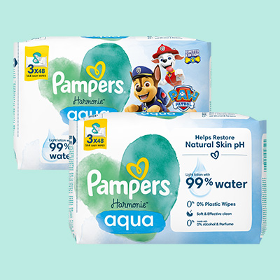 Pampers Aqua Feuchttücher im 3er Pack, 99 % Wasser, sanfte & natürliche Reinigung für empfindliche Babyhaut. - Link zur Markenseite/Pampers Freuchttücher