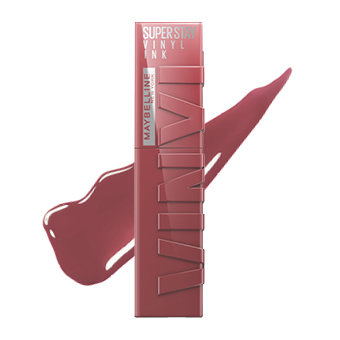 Maybelline Super Stay Vinyl Ink Lippenstift in Pink mit Farbswatch – langanhaltende Farbe für glänzende Lippen. Link zur Markenseite/Lippe