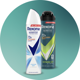 Zwei Rexona Deosprays – für Männer und Frauen – mit 72h Schutz gegen Schweiß und Geruch, nebeneinander platziert. - Link zur Markenseite/Nonstop Protextion