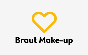 Braut Make-up Icon mit gelbem Herz über Schriftzug Braut Make-up auf weißem Hintergrund – Hochzeit, Beauty, Styling