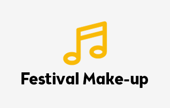 Gelbes Musiknoten-Symbol über dem Schriftzug Festival Make-up auf weißem Hintergrund – Eventlogo, Beauty, Musikfestival