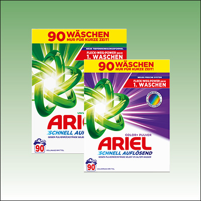 ARIEL Pulverwaschmittel für bis zu 90 Waschgänge – starke Waschkraft gegen hartnäckige Flecken