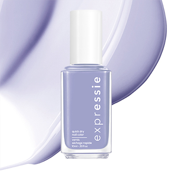 Essie Nagellackflasche in Flieder mit weißem Deckel vor Farbmuster – ideal für leuchtende, trendige Maniküren.