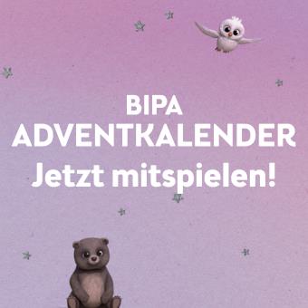 IPA Adventkalender mit rosa Hintergrund, Sternen und niedlichen Tierillustrationen wie Eule und Bär.
