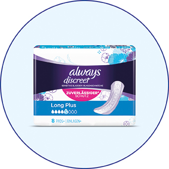 Always Discreet Inkontinenz-Slipeinlagen Long Plus, diskreter Schutz bei Blasenschwäche. Link zur Markenseite/Blasenschwäche