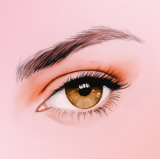 Realistische Illustration eines braunen Auges mit Wimpern und Braue auf rosa Hintergrund – Fokus auf Beauty, Augenfarbe & Make-up.