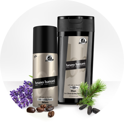 Bruno Banani Deo und Duschgel für Herren mit Lavendel, Kaffeebohnen und Tannenzweigen im Hintergrund.