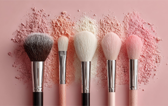 Fünf Make-up-Pinsel auf rosa Hintergrund mit losem Puder in Beige und Rosatönen, Fokus auf Kosmetik und Beauty-Tools.