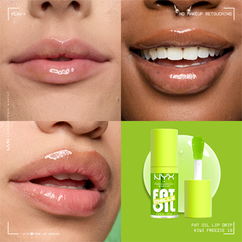 NYX Fat Oil Lip Drip Kiwi Freezie – glänzende Lippen im Close-up, ohne Retusche, für intensiven Pflege- und Glanz-Effekt.
