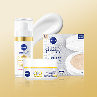 NIVEA Gesichtspflege mit Cellular Filler, Q10 Power Creme & Tagespflege auf goldenem Hintergrund. - Link zur Markenseite/Gesichtspflege