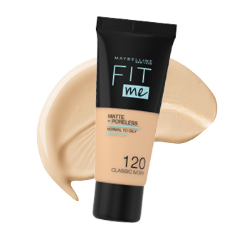 Maybelline Fit Me Matte + Poreless Foundation in Classic Ivory – Tube mit Farb-Swatch für ebenmäßigen Teint. Link zur Markenseite/Teint