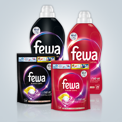 Fewa Waschmittel-Sortiment in Flaschen & Beuteln, in Schwarz & Rot – Pflege für empfindliche Textilien. - Link zur Markenseite/Gesamtes Sortiment