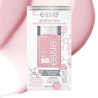 Essie Nagelpflegeprodukt in Rosa mit weißem Deckel vor Farbmuster – ideal für leuchtende, trendige Maniküren.