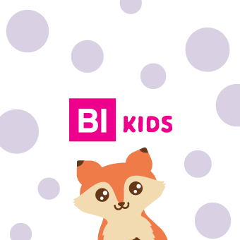 BI Kids Logo mit süßem Fuchs auf lila Punktmuster – steht für kinderfreundliche Pflegeprodukte & sanfte Hygiene.