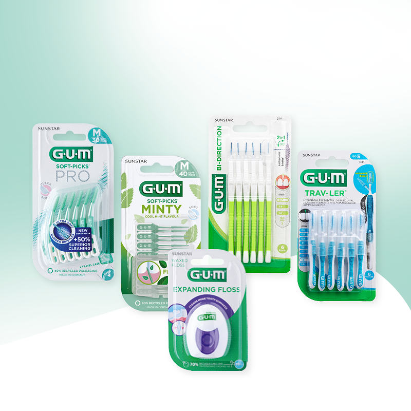 GUM Zahnpflegeprodukte: Proxabrush, Minty Flosser, Soft-Picks Advanced & EasyThread Zahnseide – interdental Reinigung in Verpackung.