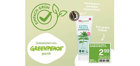 Biogood Extra Frisch Zahnpasta mit Greenpeace-Gütezeichen – geprüfte Naturkosmetik, Preis 2,99 € bei BIPA