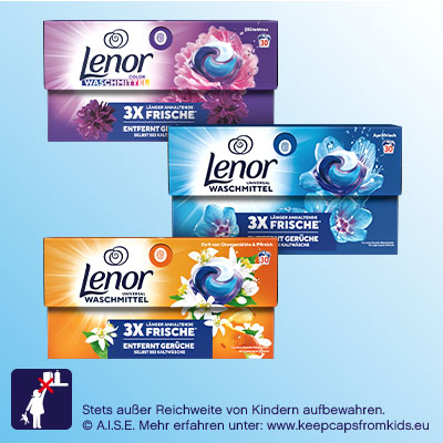 Lenor Waschmittel-Pods in Duftvarianten, kompakt verpackt für einfache Wäscheanwendung