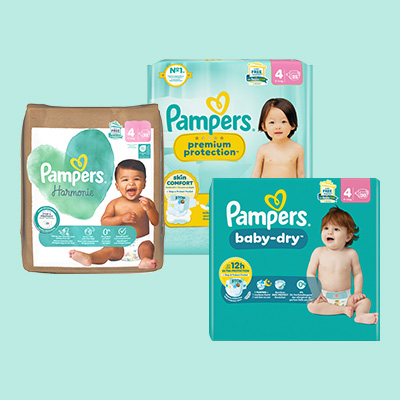 Drei Packungen Pampers-Windeln in verschiedenen Größen vor hellblauem Hintergrund, ideal für jede Babyphase. - Link zur Markenseite/Pampers Windel