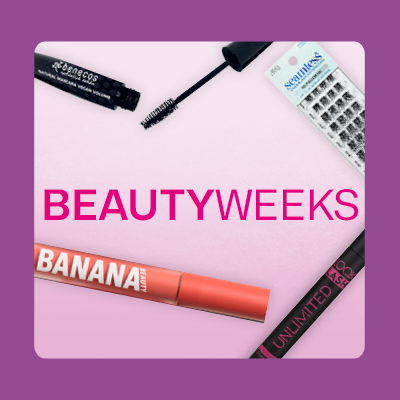 BIPA Beautyweeks Banner mit Mascara, künstlichen Wimpern und Lipgloss auf rosa Hintergrund – jetzt die besten Beauty‑Aktionen entdecken.