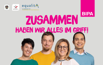 Plakat mit vier Personen und Text ‚Zusammen haben wir alles im Griff‘ – Ausbildung und Entwicklung bei BIPA
