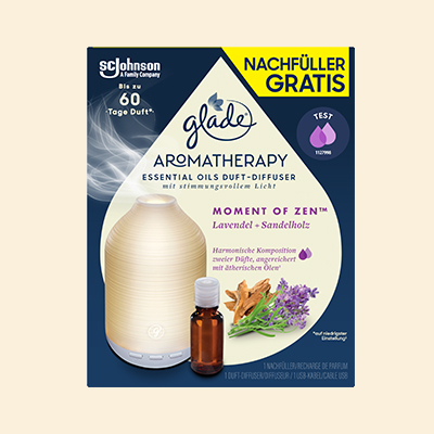 Glade Aromatherapy Duft-Diffuser Moment of Zen mit Lavendel und Sandelholz, inklusive gratis Nachfüller für 60 Tage Duft.