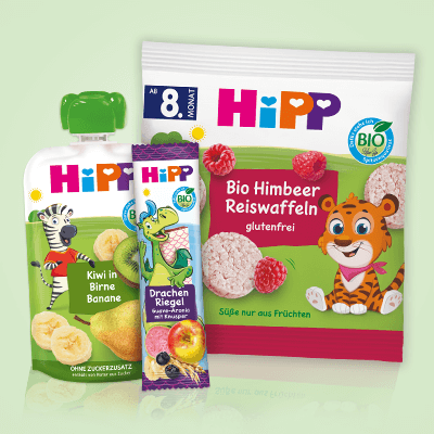 HiPP Bio Kiwi-Birne-Banane Püree, Drachen-Riegel & Himbeer-Reiswaffeln für Babys ab 8 Monaten.