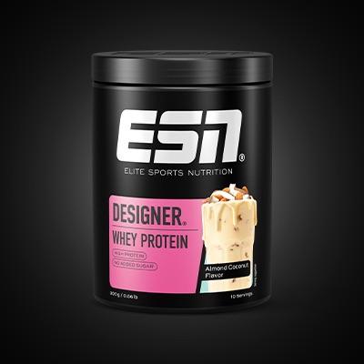 ESN Designer Whey Protein in Almond Coconut Flavor, hochwertiges Eiweißpulver für Muskelaufbau und Ernährung.