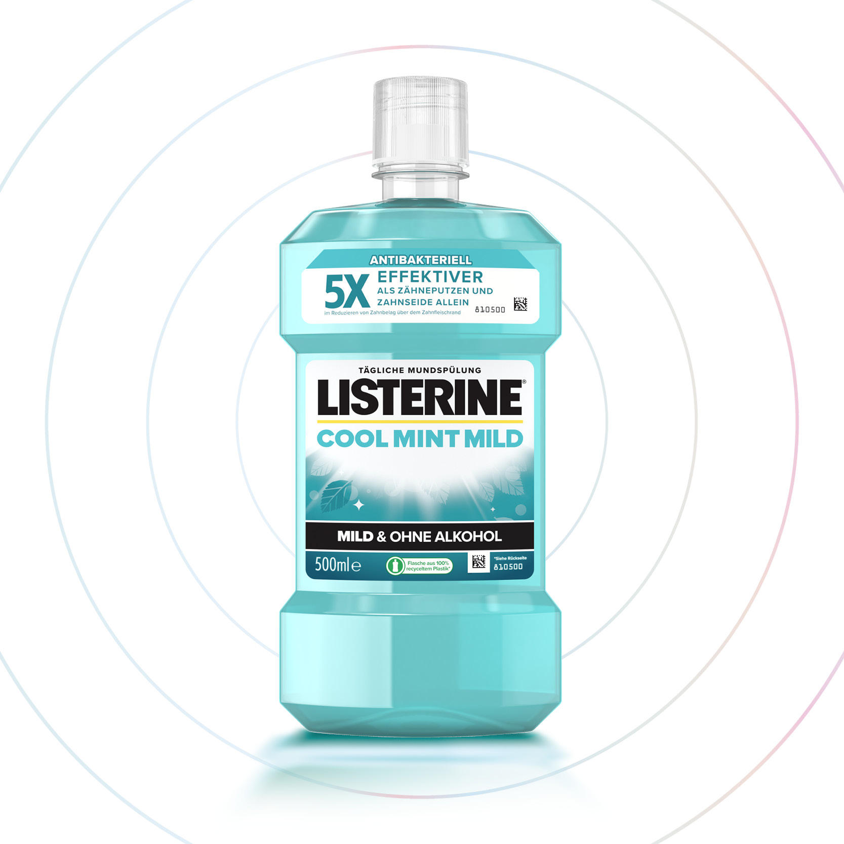 Drei Listerine Mundspülungen (Cool Mint, Mild, Fresh Mint) vor türkisfarbenem Hintergrund nebeneinander. -Link zur Markenseite/Basis Produkte