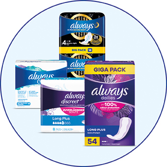 Always Damenhygieneprodukte: Binden & Slipeinlagen in verschiedenen Packungsgrößen für sicheren, diskreten Schutz. - Link zur Markenseite/Gesamtes Sortiment