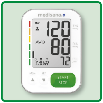 Medisana Blutdruckmessgerät mit Anzeige 120/80 mmHg, grüne Start/Stopp-Taste – präzise Blutdruckkontrolle zu Hause. Link zur Markenseite/Blutdruckmessgeräte