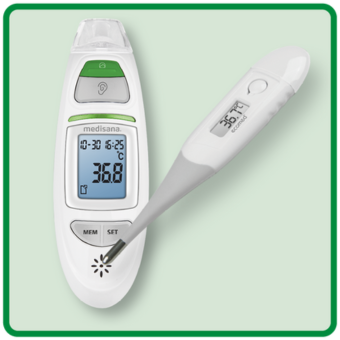 Digitales Fieberthermometer mit LCD-Anzeige, zeigt 36,8 °C, für Stirn- und Ohrmessung, kontaktlos & präzise. - Link zur Markenseite/Fieberthermometer