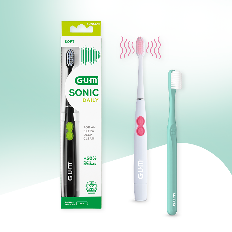 GUM Sonic Daily elektrische Zahnbürste – in Verpackung und ausgepackt, mit Schalltechnologie und weichen Borsten.