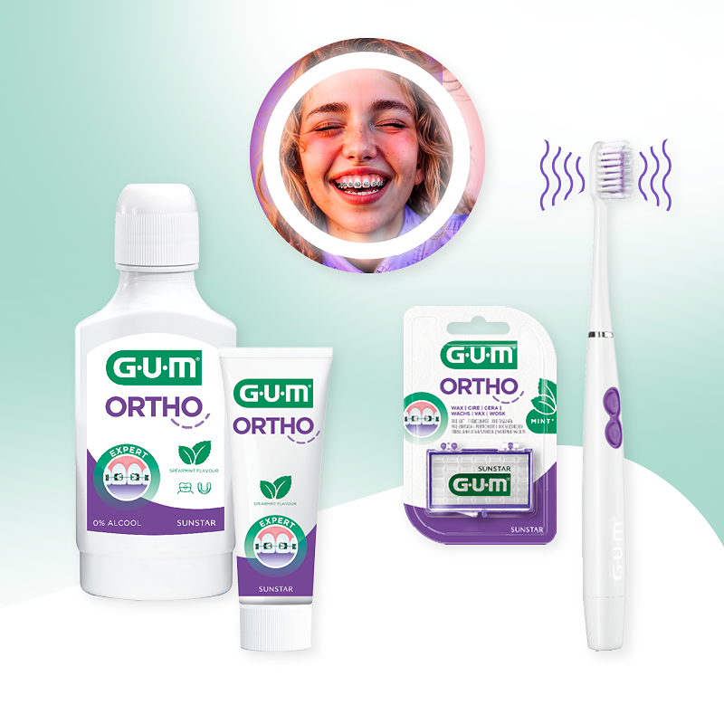 GUM Ortho Zahnpflegeprodukte – Mundspülung, Zahnpasta, Zahnspangenwachs & Schallzahnbürste auf grünem Hintergrund.