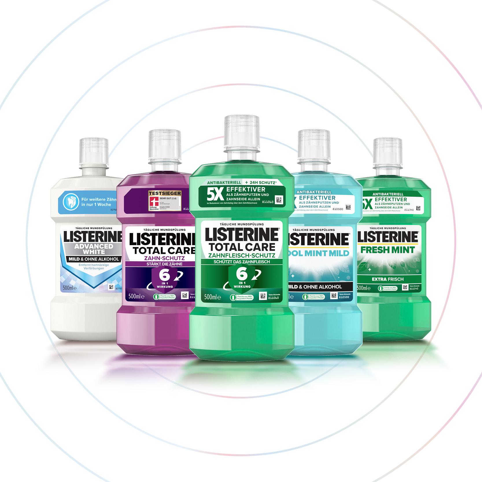 Listerine Mundspülungen wie Total Care, Cool Mint & Fresh Burst in Reihe, für umfassende Mundhygiene - Link zum Listerin/gesamten Sortiment