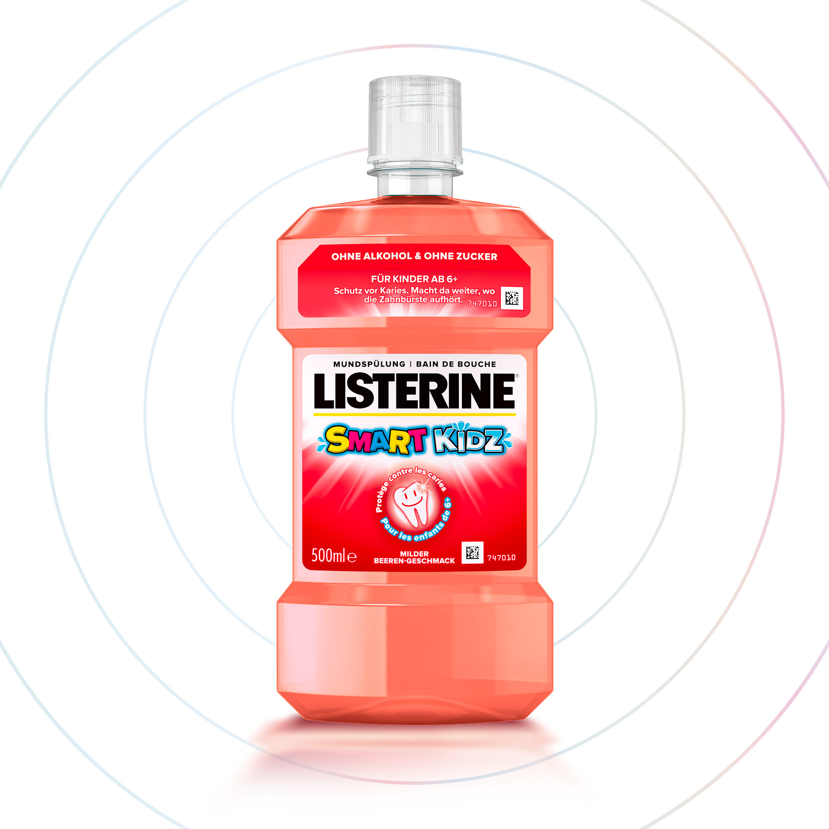 Listerine Smart Rinse Kinder-Mundspülung, 500 ml Flasche mit roter Flüssigkeit auf blauem Hintergrund.  - Link zur Markenseite/Kinder