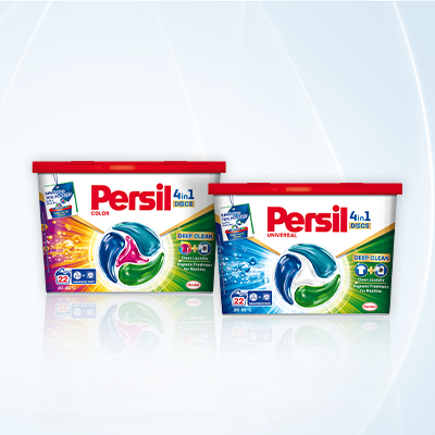 Zwei Persil 4-in-1 Discs Boxen in Blau-Grün & Gelb-Blau – kraftvolle Waschleistung & Farbschutz für strahlend saubere Wäsche. Link zur Markenseite/Discs